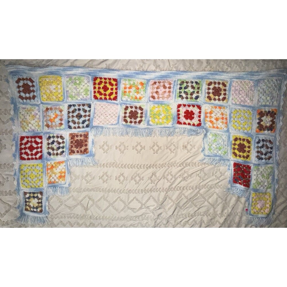 Vintage Granny Square Crochet Blanket Bed Canopy Wrap Border Fringe Light Blue